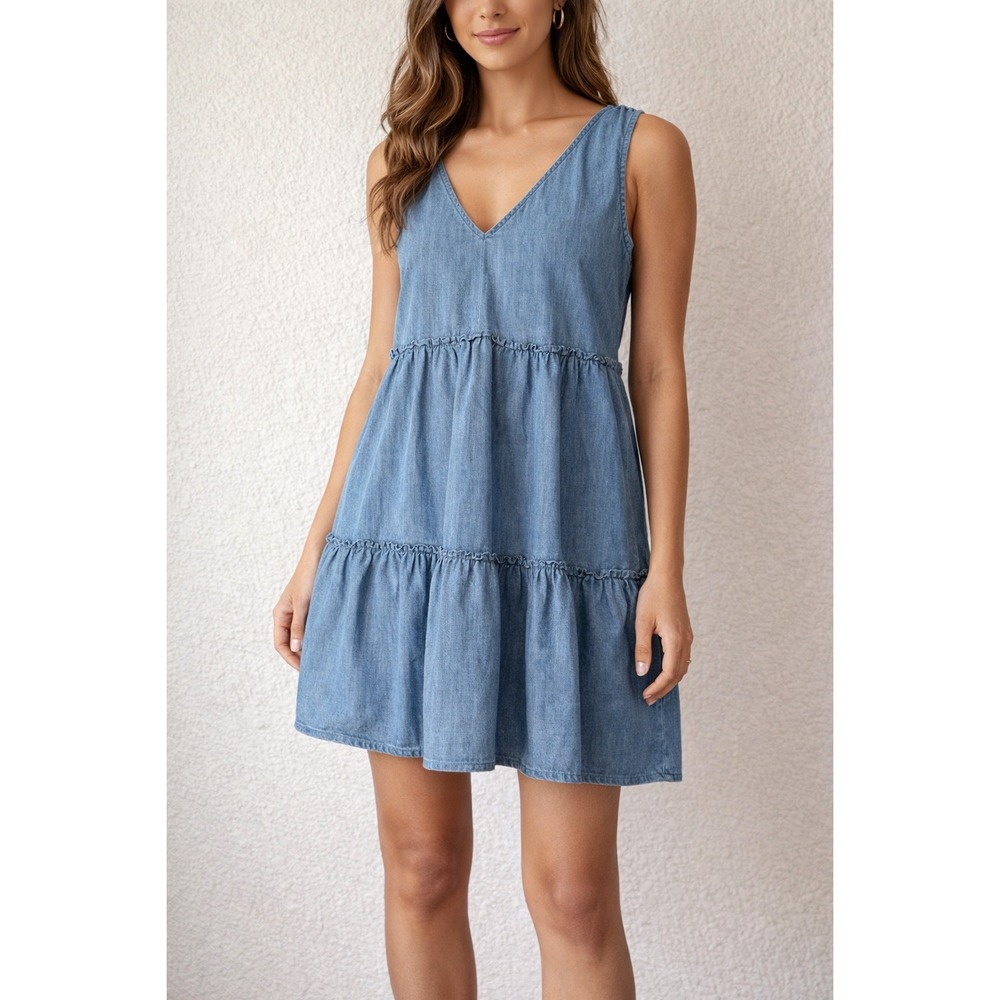 True‎ Craft Womens Medium Wash Chambray Tiered Babydoll Mini Dress Size M